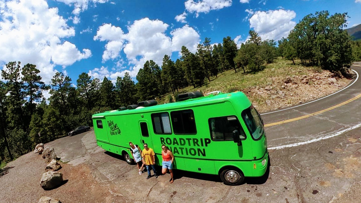 A fisheye view of the “Native Way Forward” roadtrippers in front of Roadtrip Nation’s green RV. Directed by photographer and filmmaker Ryan RedCorn, “Native Way Forward” experiments with modern cameras and filming techniques.